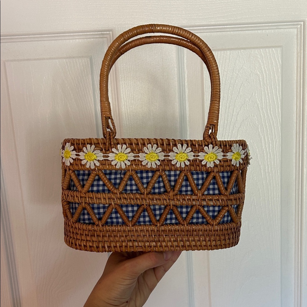 Brown Woven Handbag with Floral Accents